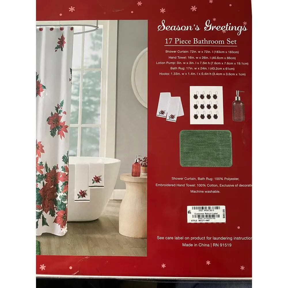 Holiday Time 5 Piece Bathroom Set featuring a poinsettia design. New